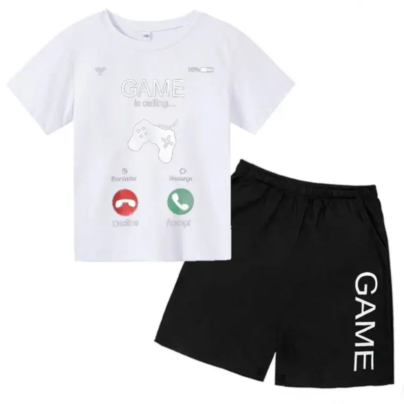 thumbnail image 1 of Conjunto de camiseta y pantalones cortos con estampado de máquina de juego de arte de grafiti para niños, moda de verano, informal, de manga corta, para niños y niñas, 1 of 5