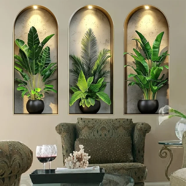 3D Watercolor Plant Wall Stickers - Realistic Potted Plants Decor, Self-Adhesive Vine Leaves For Living Room Bedroom Wall Decor 2