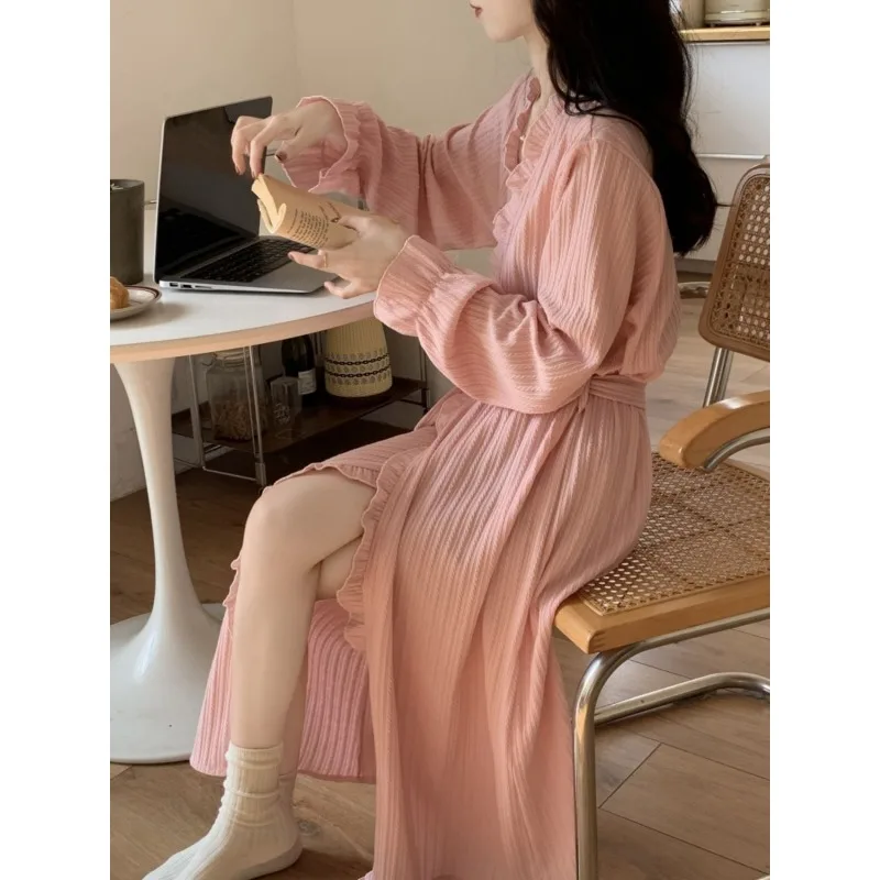 Long bathrobe Spring and Autumn Can be worn outside loungewear Solid color lacing comfortable sexy sleepwear