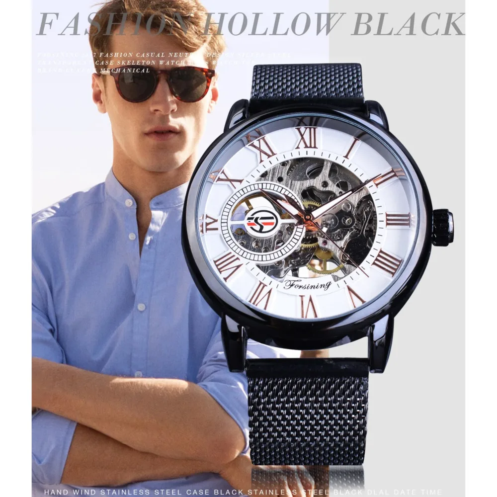 FORSINING Mechanical Watch For Men Business Luxury Watch Hollowed Out Luminous Mesh Belt Men Watch Reloj Hombre Montre Homme