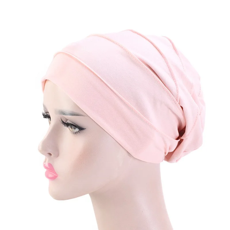 Women Stretch Beanie Chemo Cotton Hair Turban Hat Double-layer Soft Satin Lining Crinkled Hijab Inner Hijab Caps 4