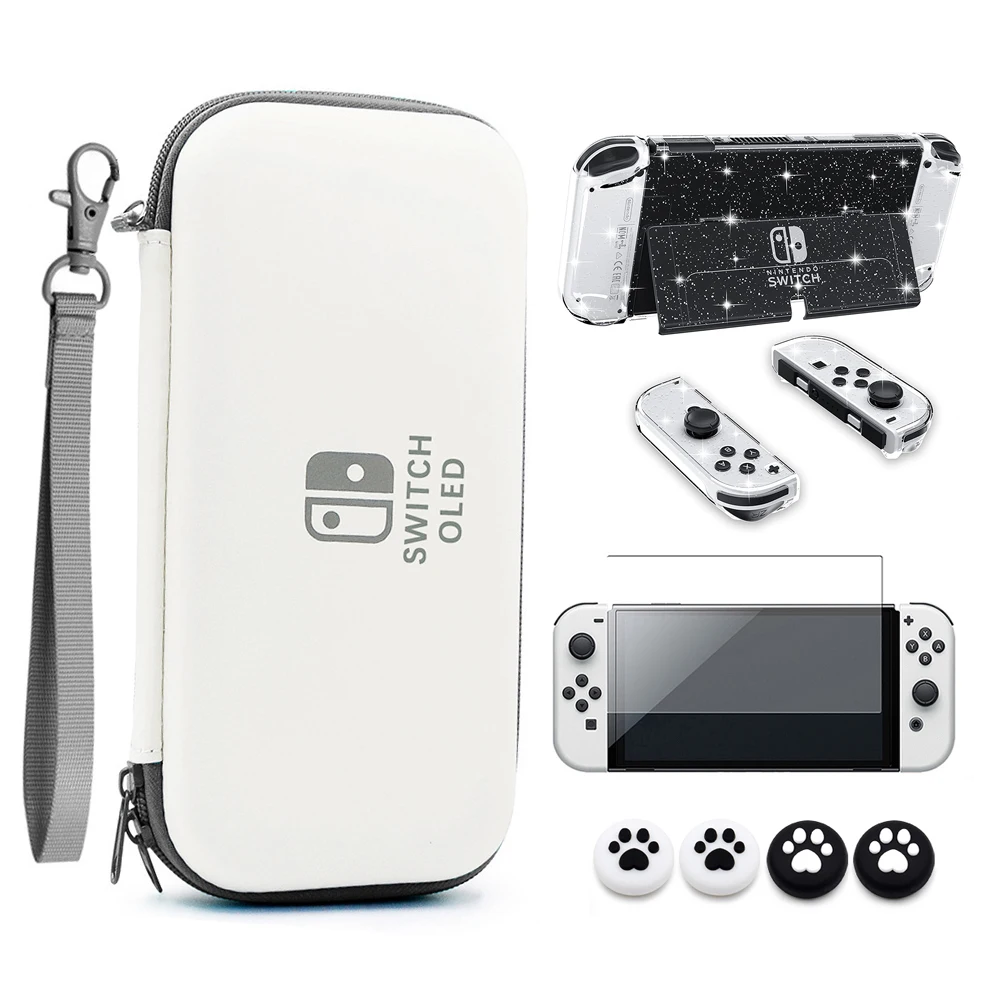 Switch OLED Carry Bag Case Accessories Kit PC Clear Cover Case Glass Screen Protector w Analog