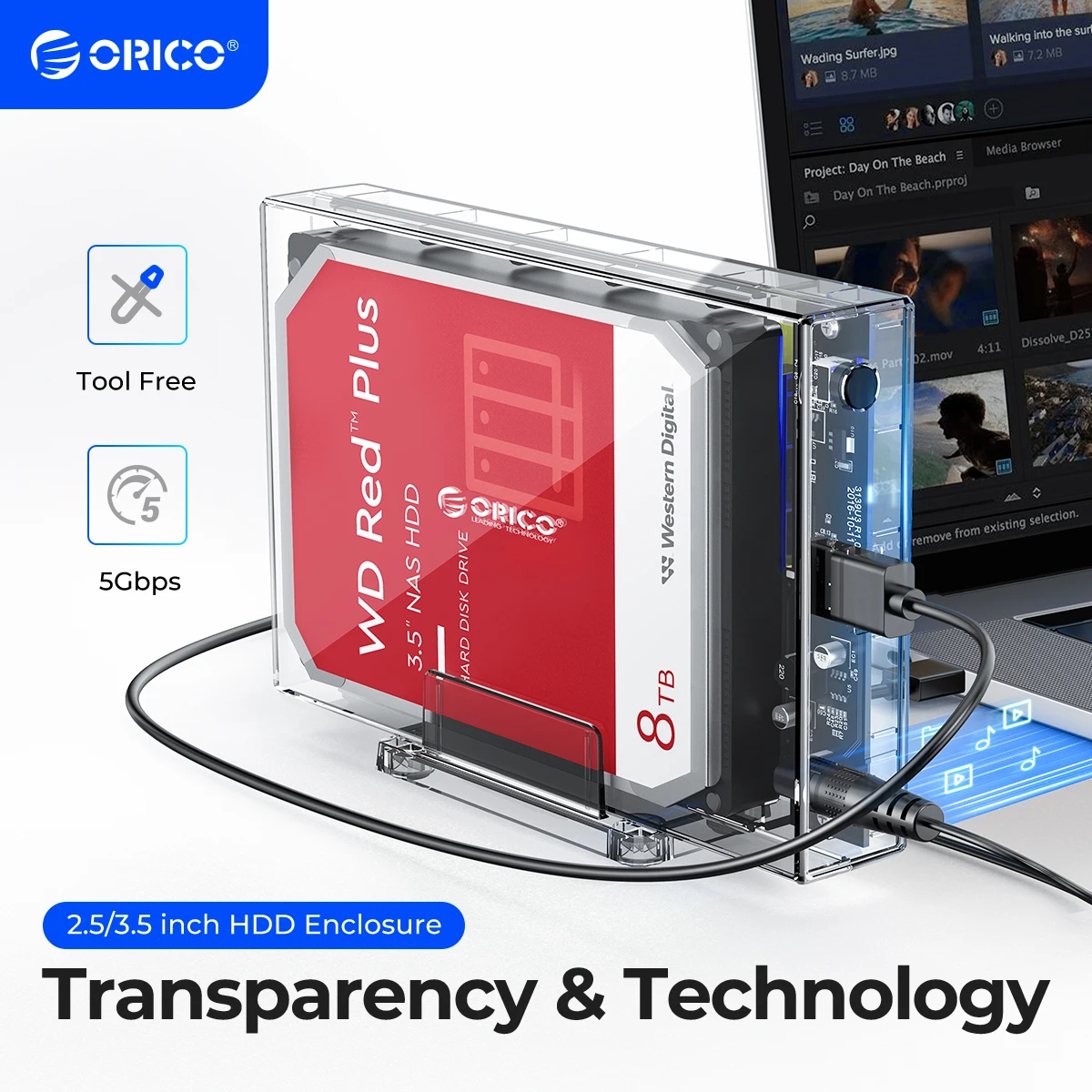 ORICO Transparent 3.5'' HDD Case for 2.5/3.5 inch SSD HDD Box Hard Disk Case SATA to USB 3.0 Hard Drive Enclosure Support