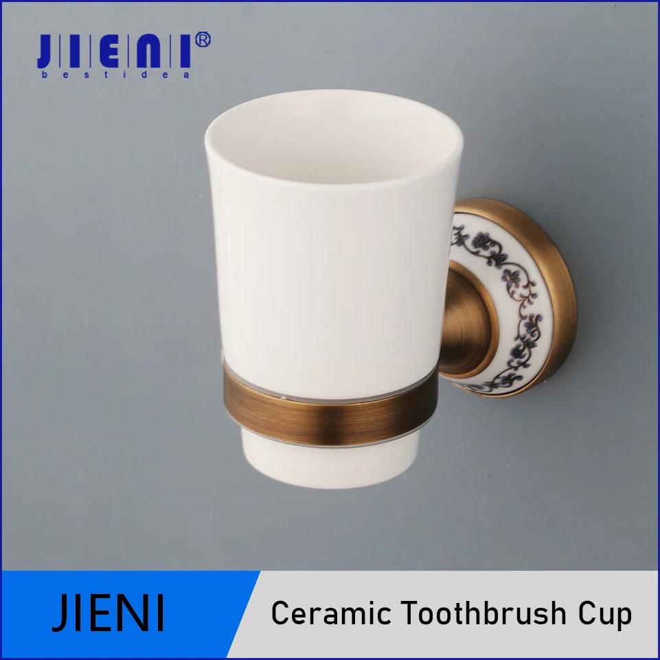 JIENI Bathroom Tooth Brush Ceramic Cup Wall Mounted With Antique Brass Patterned Oval Shelf Retro Fashion Bath Accessories
