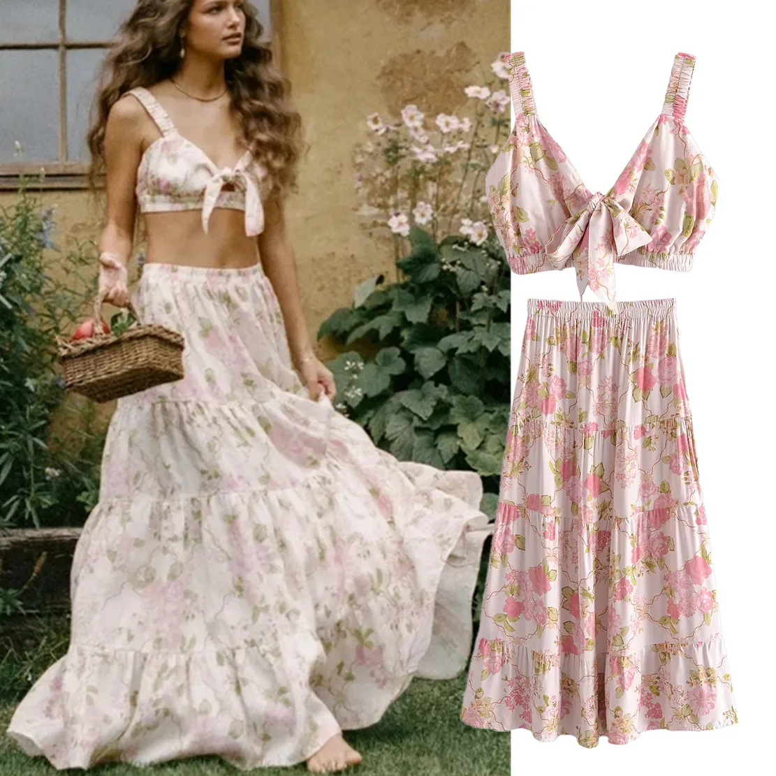 

Jenny&Dave Indie Folk Print Camisole Tanl And High Waist Bohemian Vintage Floral Midi Skirts Tops Sets Women