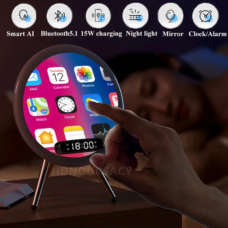 

Smart Bluetooth Speaker Wireless Mirror Sound Box Desktop Alarm Clock with LED Night Light TF Music Player 15W Wireless Charger