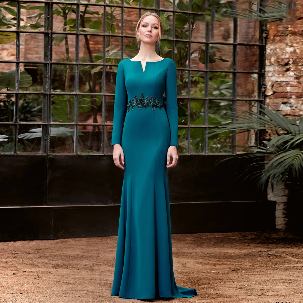 

Elegant Mermaid Mother of the Bride Dresses O Neck Long Sleeves Wedding Party Gowns Applique Floor-Length 2024 فساتين السهرة