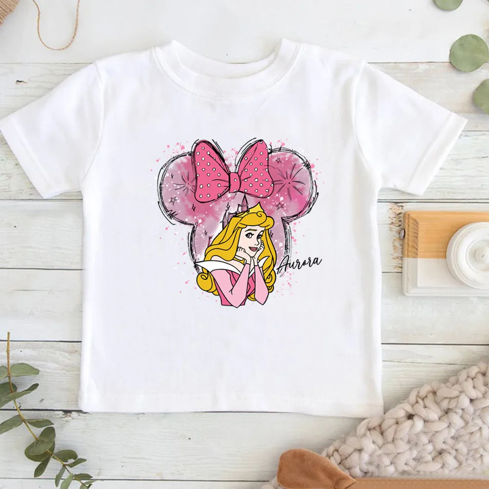 Cartoon Disney Princess Print T-shirts for Children Summer Cotton Short Sleeve Children Clothes Girl Tops 5