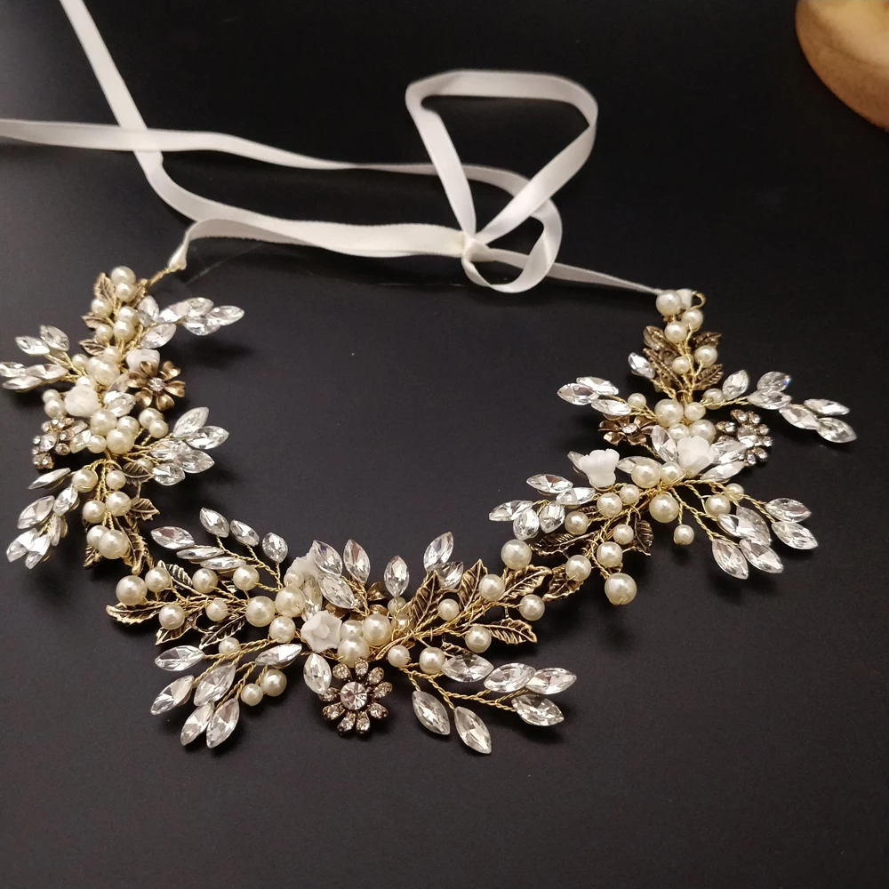 

Luxury Crystal And Pearl Bridal Hair Vine Handmade Wedding Crown Vintage Gold Party Prom Headband