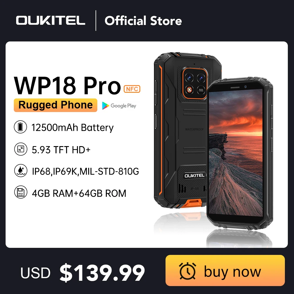 OUKITEL WP18 Pro Android 12 Cellphones MTK6762 4GB+64GB IP68 Rugged Phone 13MP Camera 5.93" HD+Display Mobile Phone 12500mAh NFC