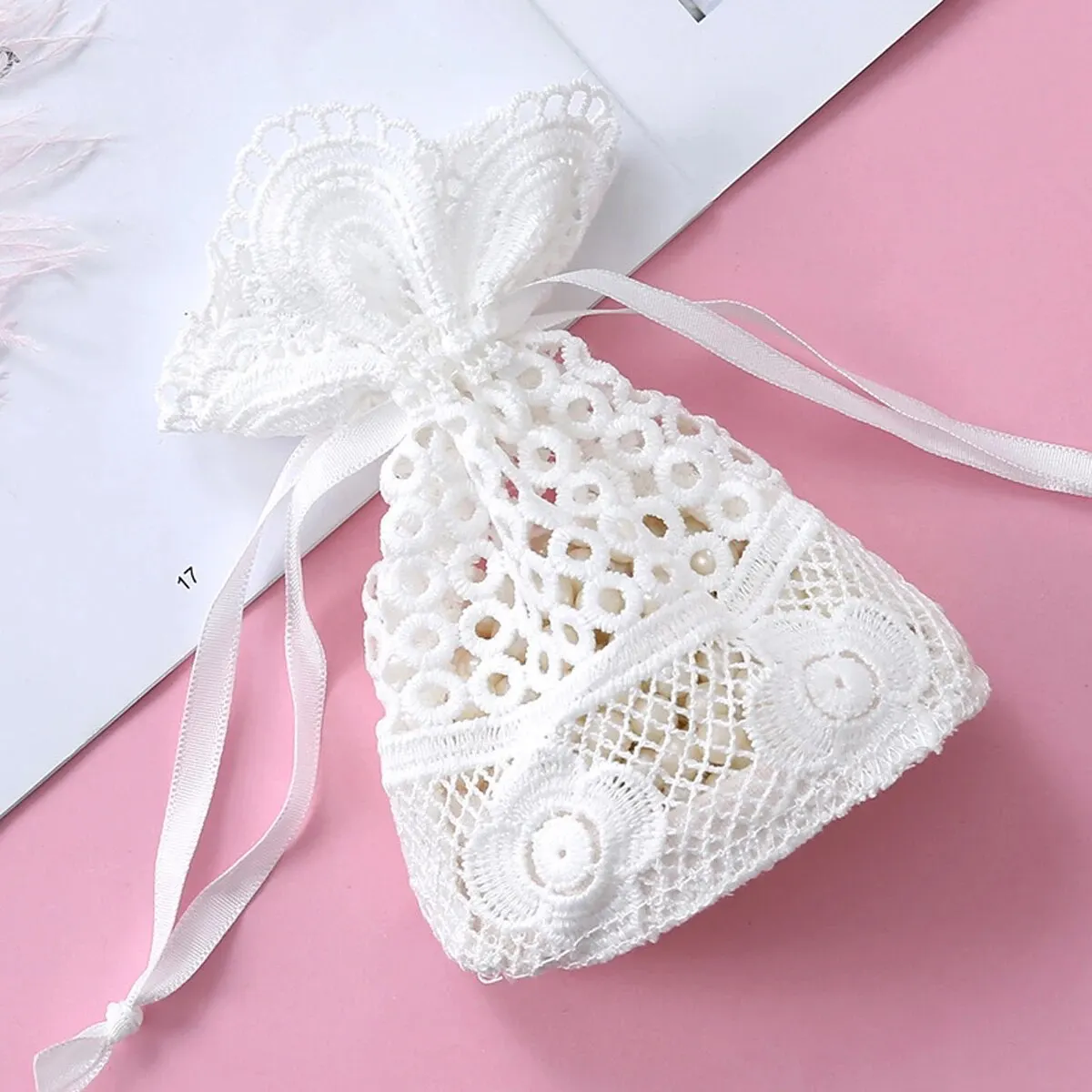 Bolsa de encaje con agujero pequeño blanco de 10x14cm, bolsa de