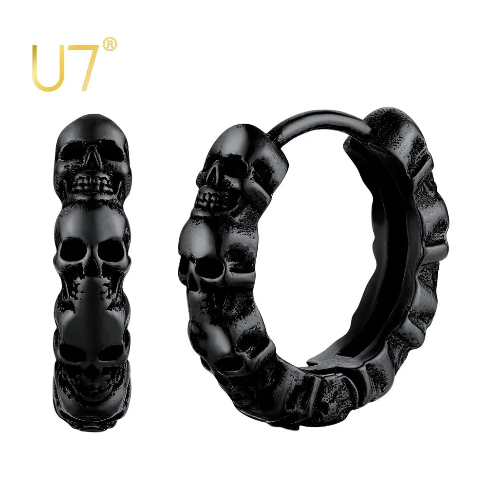 U7 Skull Hoop Earrings Black Metal Color Stainless Steel Gothic Skeleton  Halloween Studs 