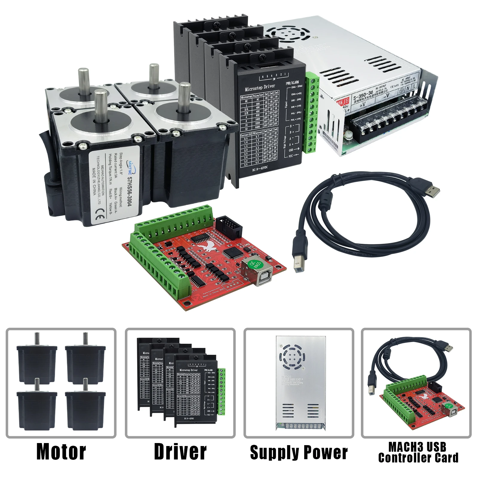 4 축 Nema23 스텝퍼 모터 키트, 1Nm 엔진 4 개, TB6600 마이크로스텝 드라이버 4 개, 전원 1 개, Mach3 컨트롤러 카드 포함