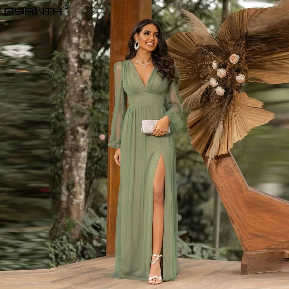 

Ryanth Side Slit Prom Dress Party Dresses for Women Full Sleeve Olive Green Evening Dress Backless A-Line Celebrity Dress 2024