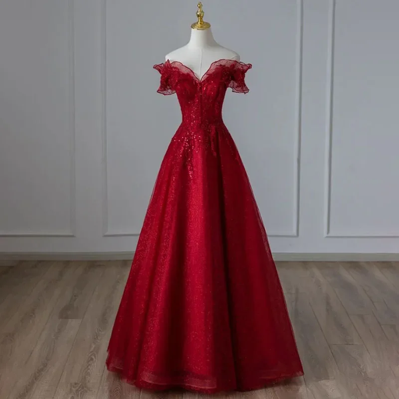 2026 New French Bridal Toast Dress Women's Slim Fit Off-Shoulder Evening Engagement Dress for Female Party Banquet Host 2