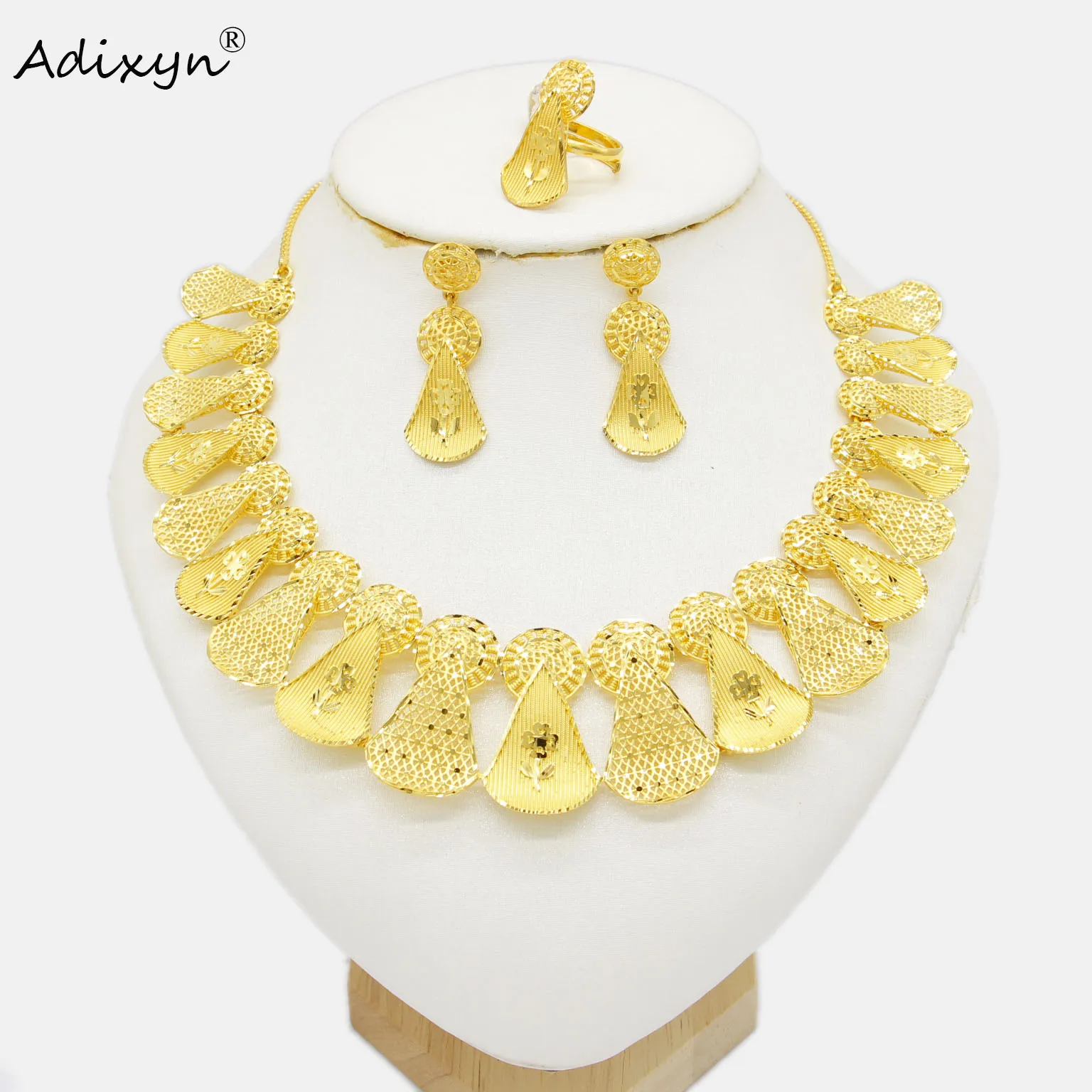 

Adixyn 24k золотого цвета/меди Ювелирные наборы для женщин ожерелье серьги кольцо Дубай Африканский индийский свадебный аксессуар