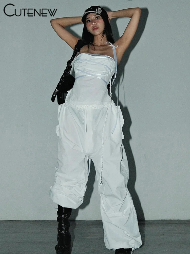 

Женский комплект из двух предметов Cutenew, топ на шнуровке без рукавов с карманами и бандажный жилет + узкие хипстерские расклешенные брюки, женский костюм