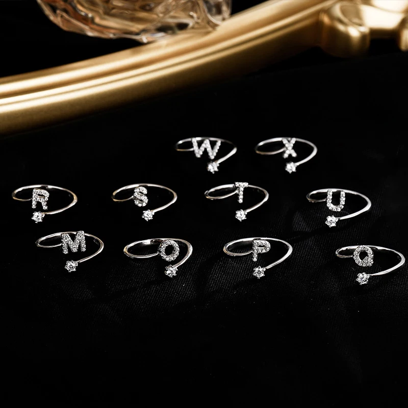 925 Sterling Silver 26 Letter Ring Sparkling Diamond Zircon Open Ring Index Finger Your Name Birthday Party Jewelry Fashion silver rings silver ring