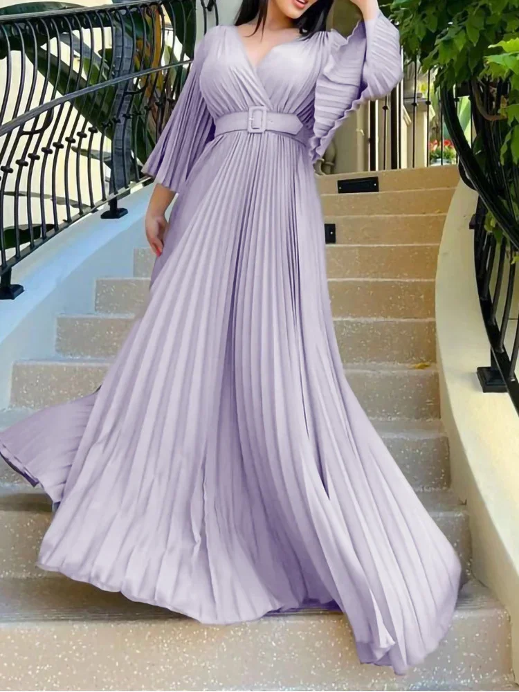 Wmstar Women Long Dress Deep V Neck Long Sleeve Pleated Solid Color A-Line Evening Gowns Wedding Party Floor Length Maxi Dresses