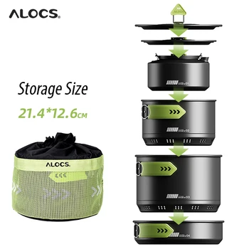 Alocs CW-C65 캠핑 조리기구 냄비, 프라이팬 물 주전자 세트, 컴팩트 메스 키트 기어, 배낭 여행 피크닉 알루미늄 합금