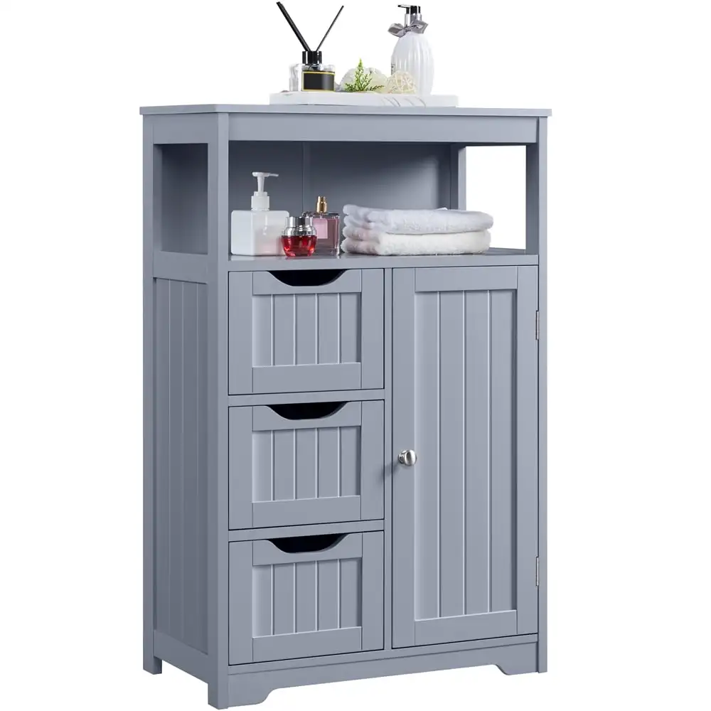 

Easyfashion Wooden Bathroom Floor Cabinet Multiple Tiers Storage Organizer Gray Metal fittings removable shelves