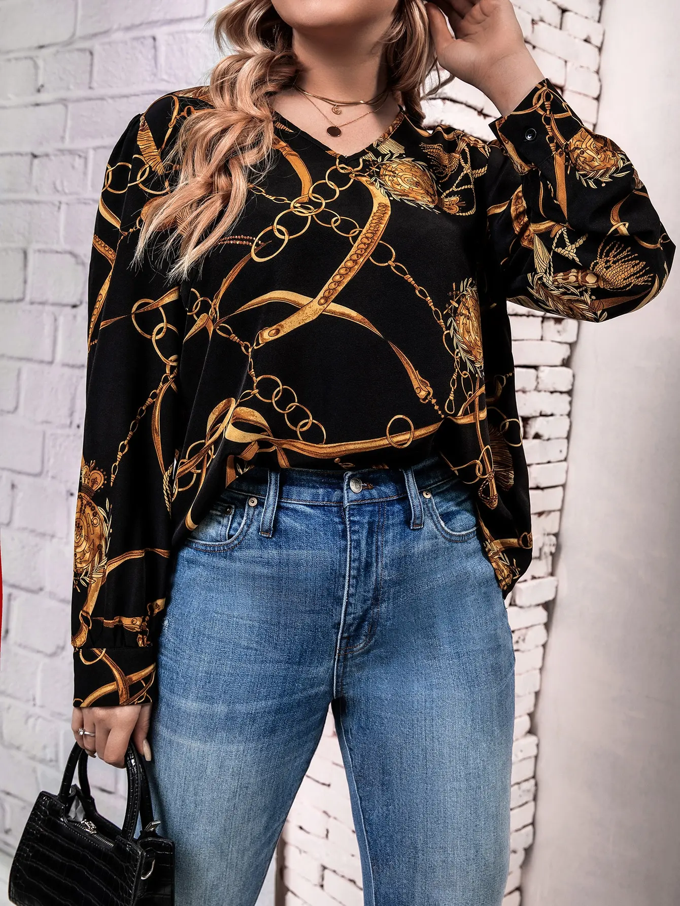 

Finjani Ladies Blouse Chain Printed Long Sleeve V Neck Fashion Tops Design Chic Elegant Plus Size Clothing