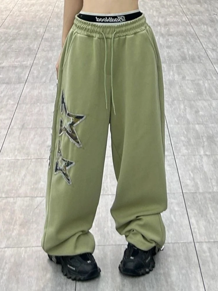 

HOUZHOU Harajuku Vintage Hip Hop Sweatpants Women Star Embroidery Patchwork Green Jogger Pants Baggy Wide Leg Trousers Y2k