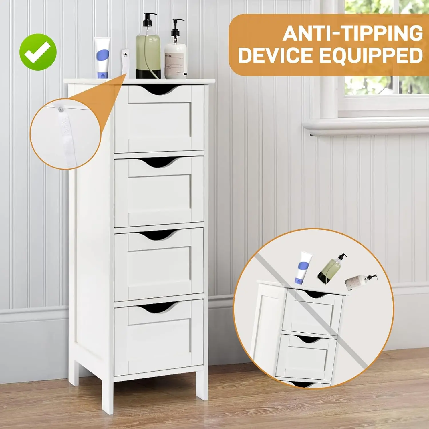 Bathroom Storage Cabinet Skinny Wooden Side Bathroom with 4 Drawers Small Free Standing Floor Cabinet White Slim 12 Inch Wide