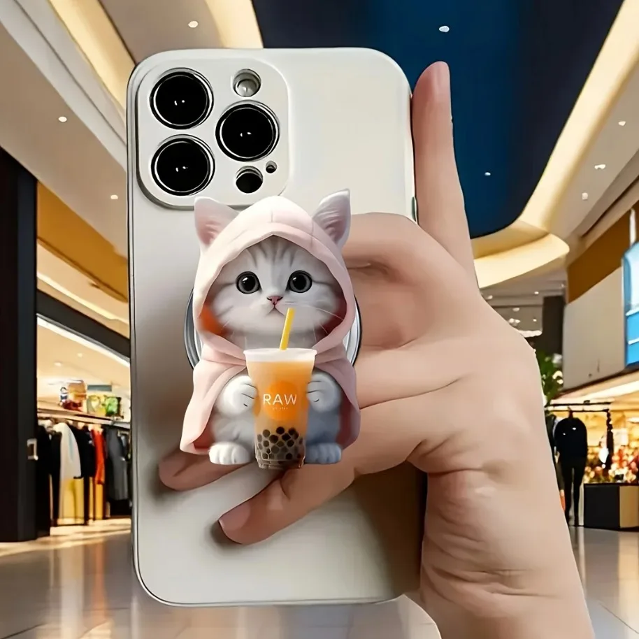 1pc Cute Bubble Tea Cat Phone Stand for iPhone 17-12 Acrylic Portable Mobile Holder Expanding Folding Grip Holder Ring Finger