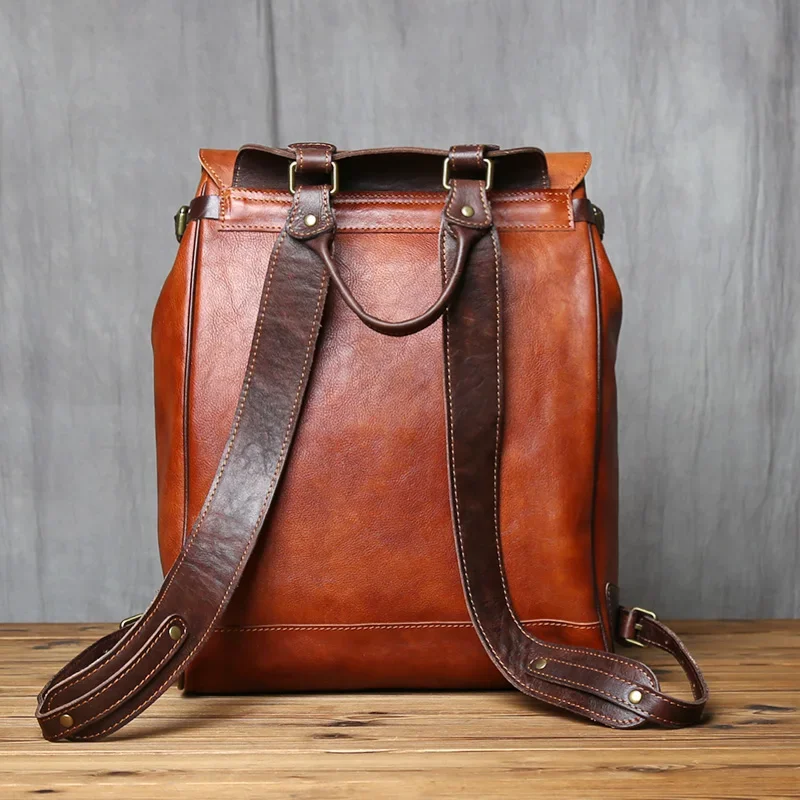 NZPJ Retro Genuine Leather Men  Backpack Vegetable Tanned Top Layer Cowhide Backpack Fashionable computer bag for 15 inch laptop