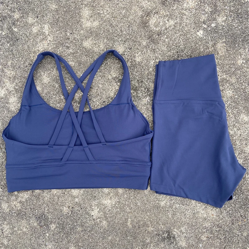 Solid Color Soft Women Gym Yoga Short Set Cross Back Shoulder Strap Gym Bra+High Waist Sport Short Leggings 2pc Tight Sportwear