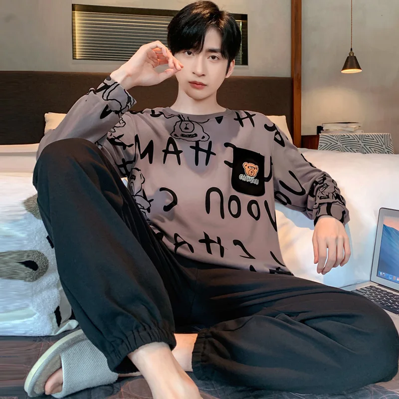 Pajamas Set Plus Size Men Autumn Winter Long-Sleeved Loose Leisure Cartoon Bear Striped 2PCS