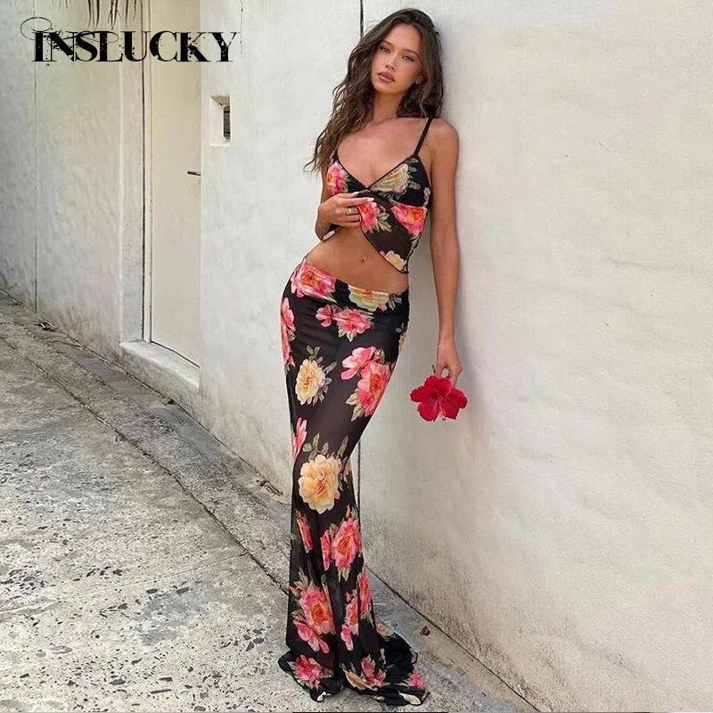 InsLucky Vintage Floral Print Mesh See Through Sexy Women Two Piece Set V Neck Vest Cropped Top High Waist Long Skirts Clothing