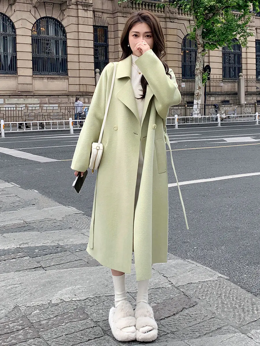 Women Double-sided 100% Wool Coat Lace-up Korean Chic Loose Long Trench Coat Tweed Coat Autumn Winter Jacket Women Clothing New