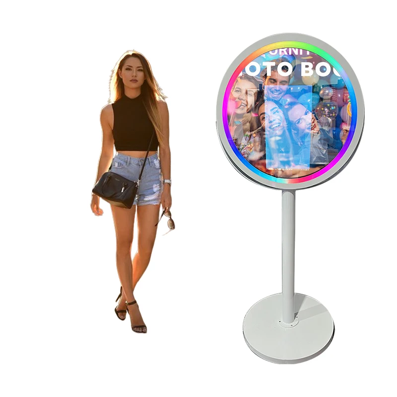 Round Mirror Photo Booth Selfie Led Frame Portable21.5in Touch Screen Magic Mirror Booth Machine for Wedding Party