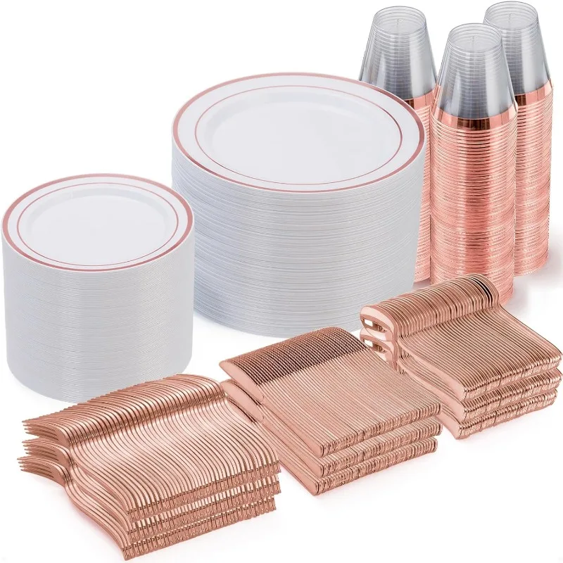 600 Piece Disposable Silver Plates for 100 Guests, Plastic Dinnerware Set of 100 Dinner Plates, Salad Plates, Spoons
