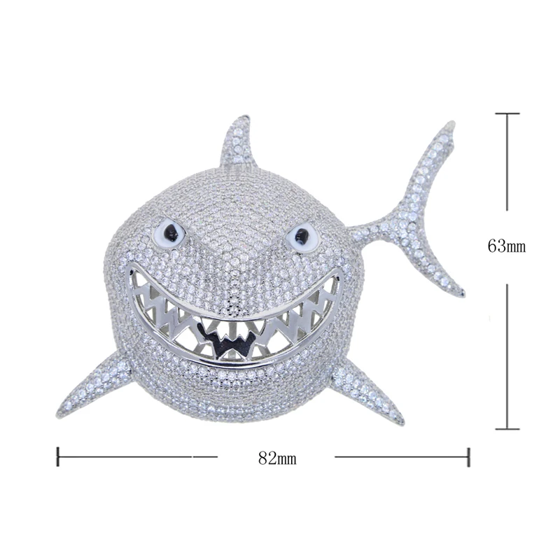 New Arrived Big Shark Pendant Charm Silver Color Paved Bling Cz