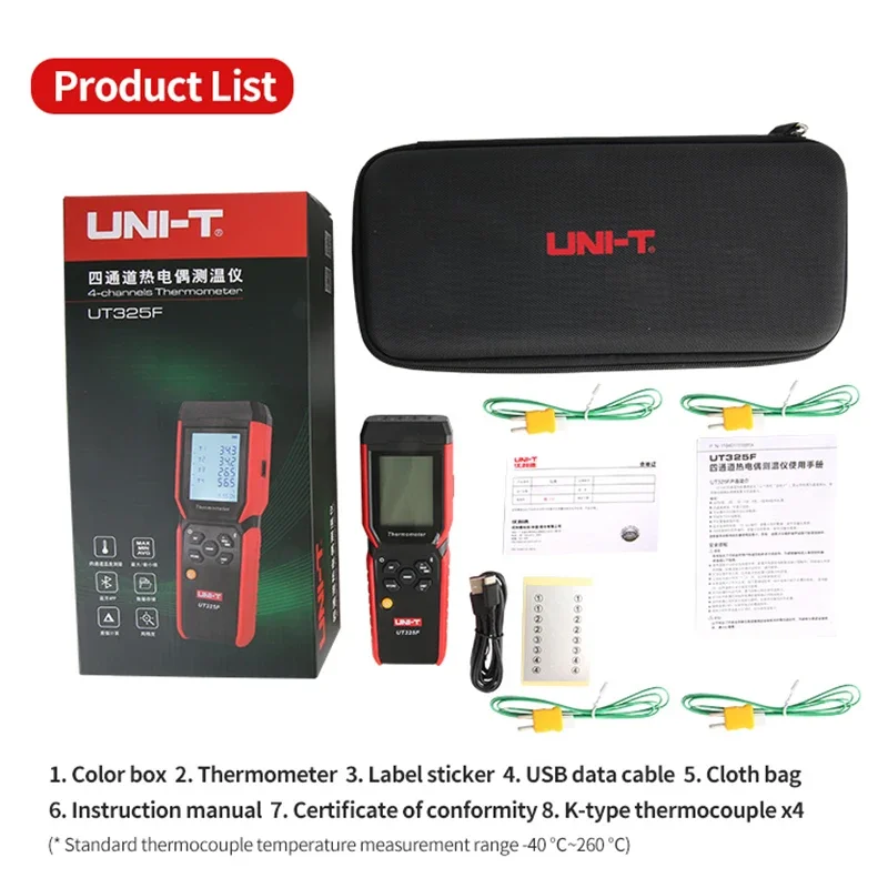 UNI-T UT325F 4채널 디지털 온도계 J/T/E/R/S/N/K 타입 열전대 온도 측정기 고정밀 블루투스