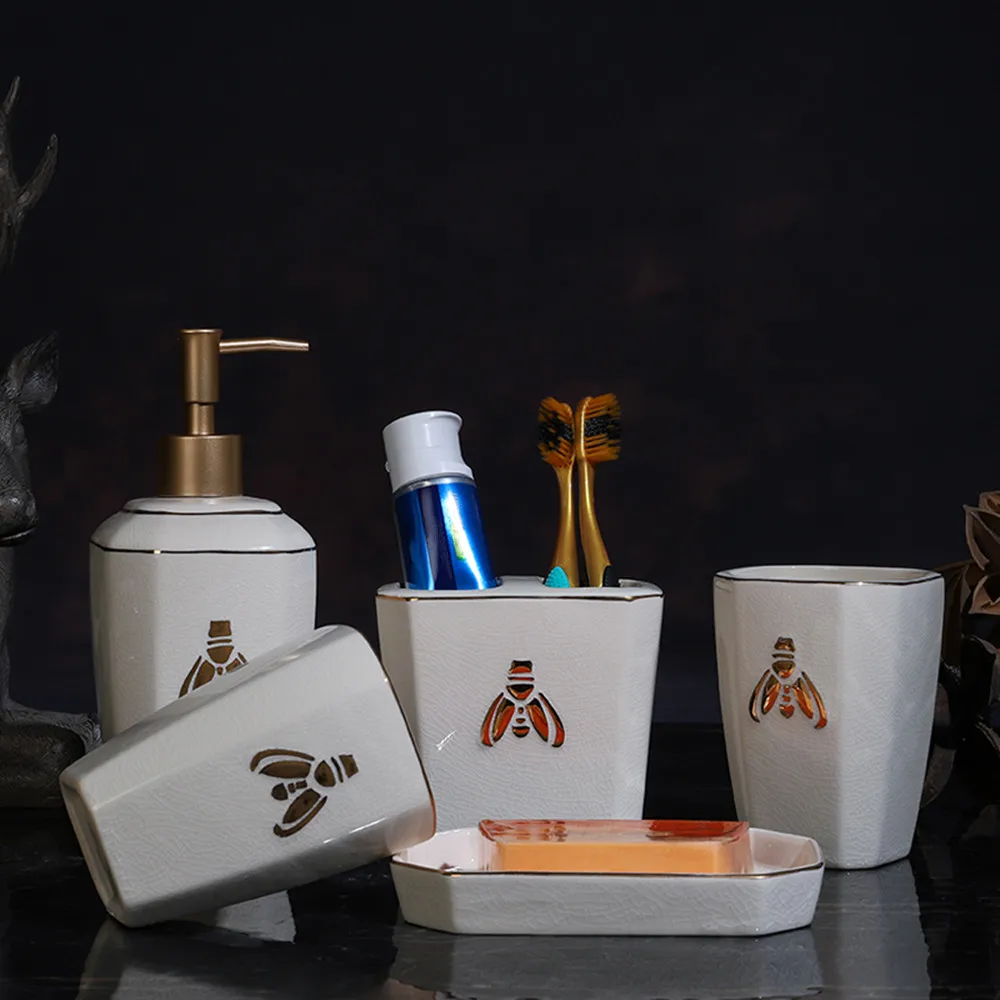 

Liquid Soap Dispensers Toothbrush Cup Holder Hand Wash Bottle Soap Dish European Style Bathroom Ice Crack Ceramic Supplies