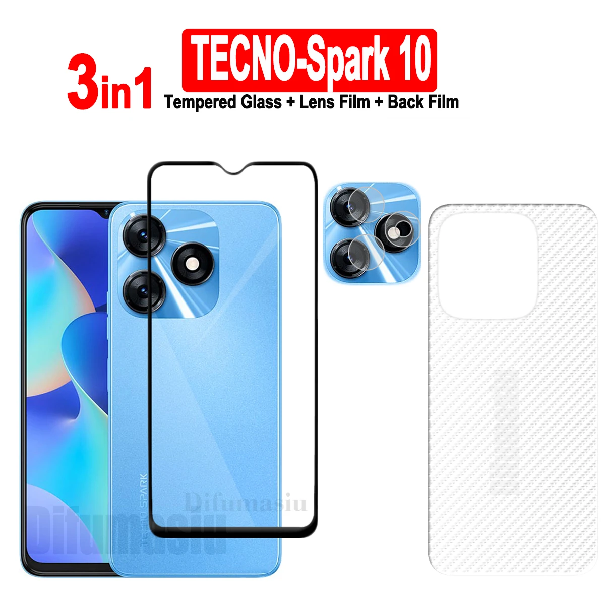 

For Tecno Spark 10 Tempered Glass Screen Protectors Soft Camera Lens Protector Full Cover Screen Glass 3in1 Back Film