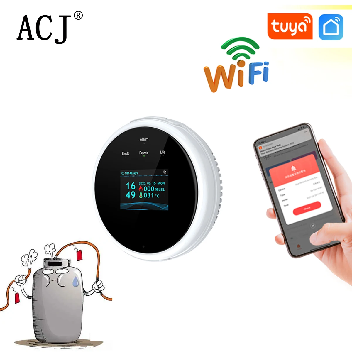 

ACJ WiFi LPG GAS Leakage Natural Combustible Alarm Detector Household Gas Alarm Sensor System support Tuya Smart Life APP