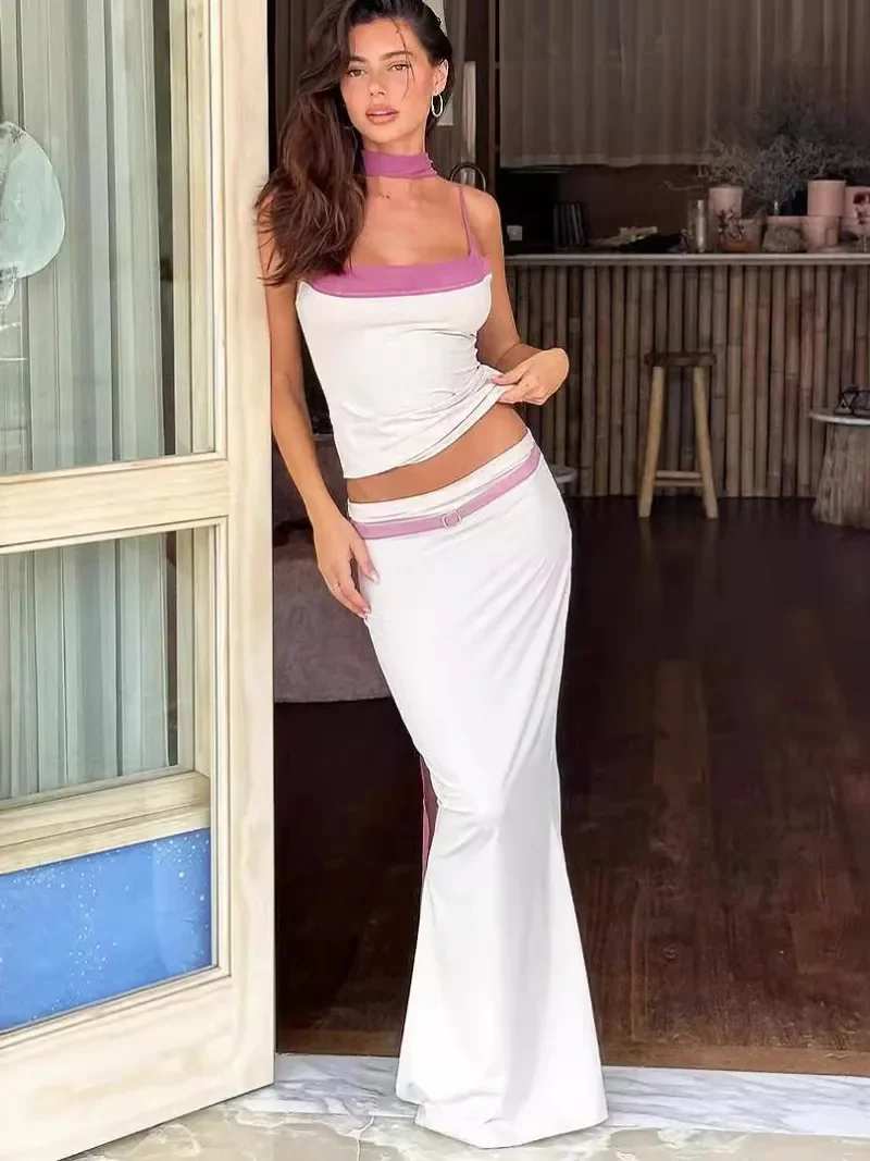

Женский комплект из топа и юбки, летний бандажный топ в стиле пэчворк и длинная юбка, элегантный вечерний костюм, юбка ярко-белого цвета, 2024
