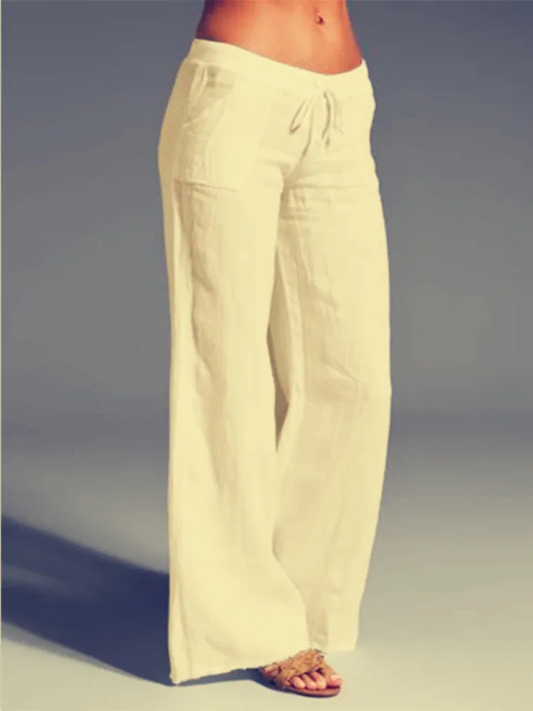 2023 new Women Drawstring Casual Pants Cotton Linen White Black Khaki Breathable Spring Summer Straight Trousers S 4XL 4