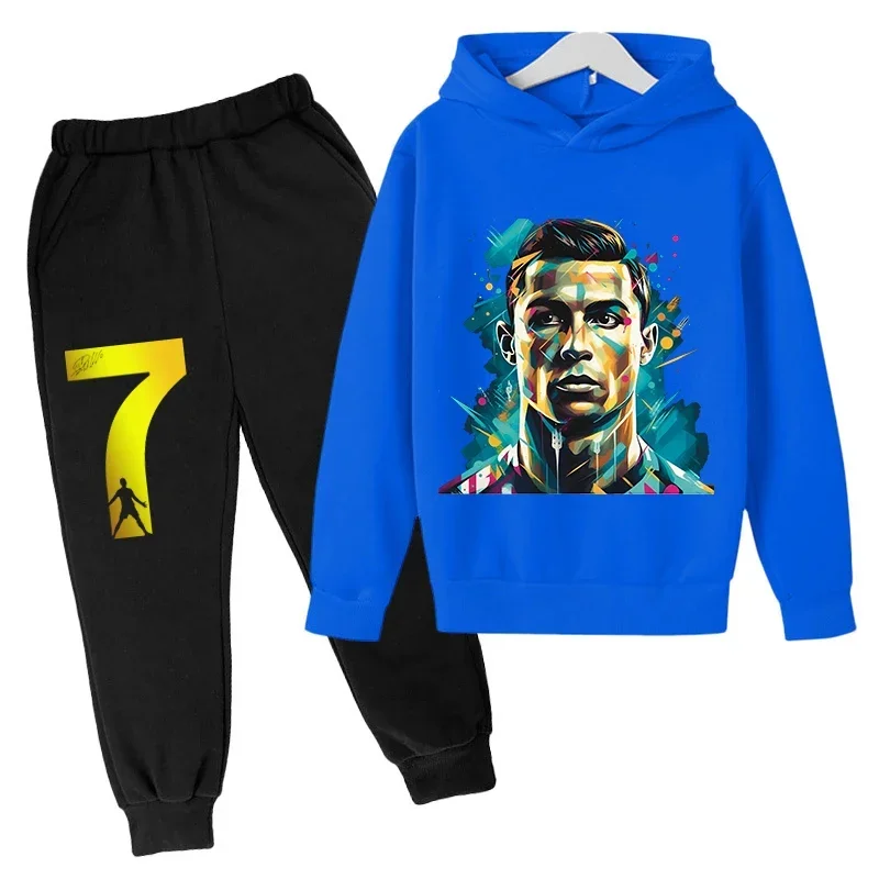 thumbnail image 1 of Conjunto de sudadera con capucha de primavera de Ronaldo, conjunto de 2 piezas de sudadera y pantalones azules informales para niños, ropa deportiva informal, chándal para niños, 1 of 5