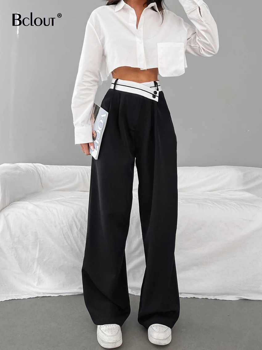 elegant high waist a line mini short skirts women solid color buttons office lady skirt black asymmetric female formal clothing Bclout Fashion Patchwork Pants Women 2023 Streetwear Chic Loose Black Long Pants Elegant Buttons Office Lady Wide Leg Trousers