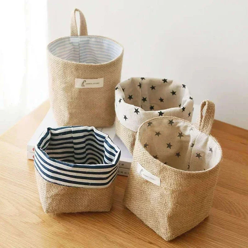 Jute Cotton Linen Desktop Hanging Wall-mounted Door Pocket Fabric Organizer Toy Basket for Cosmetic Sundries Storage Bags Decor 3
