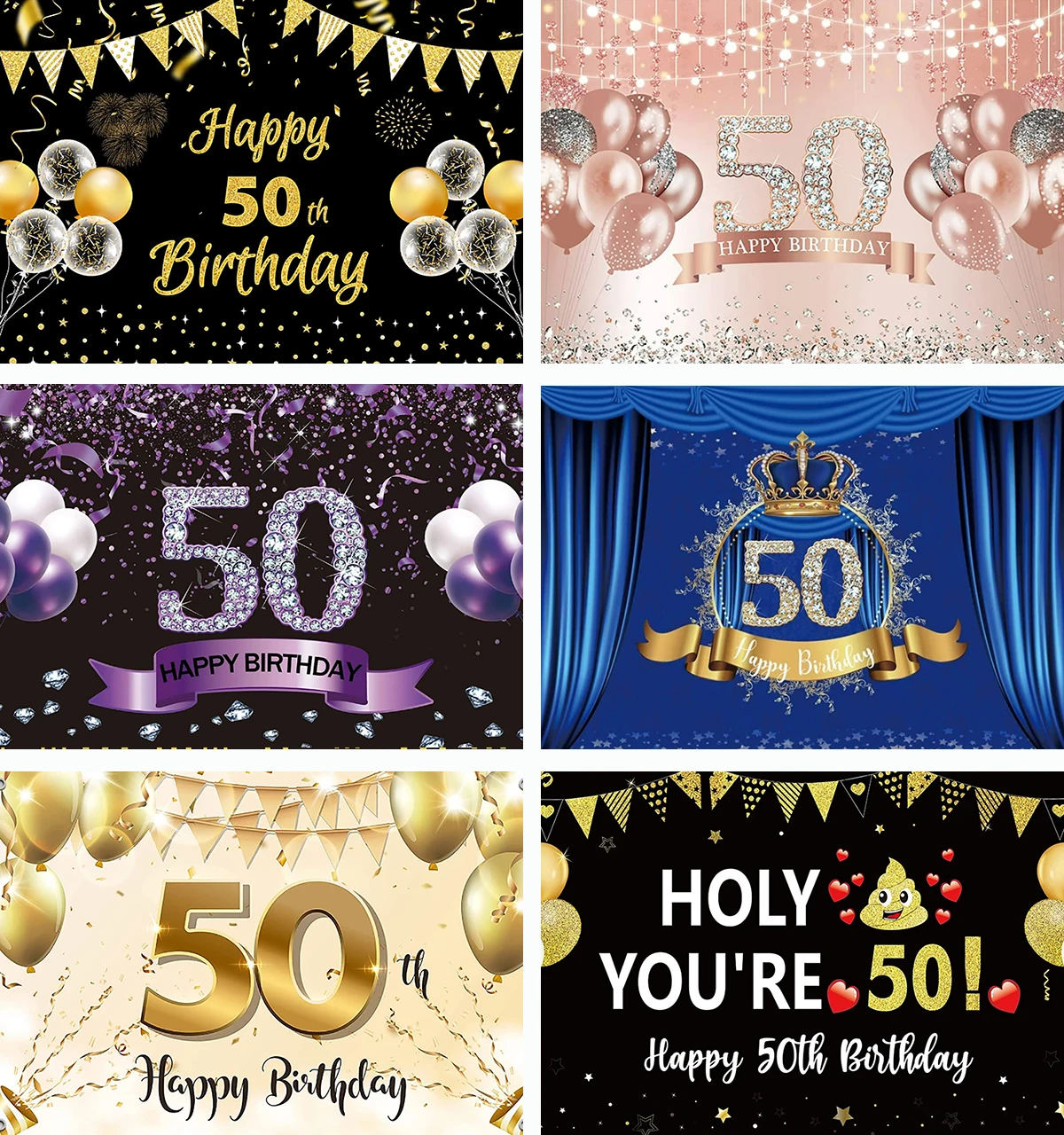 Happy 50th Birthday Backdrop Silver Crown Blue Stage Glitter Diamond Photography Background Adults Fabulous Party Decoration