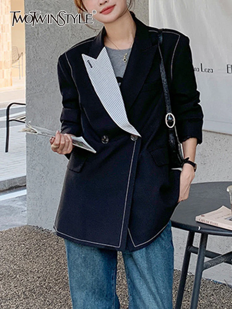 

TWOTWINSTYLE Colorblock Casual Blazer For Women Notched Collar Long Sleeve Patchwork Button Asymmetrical Blazers Female Fashion
