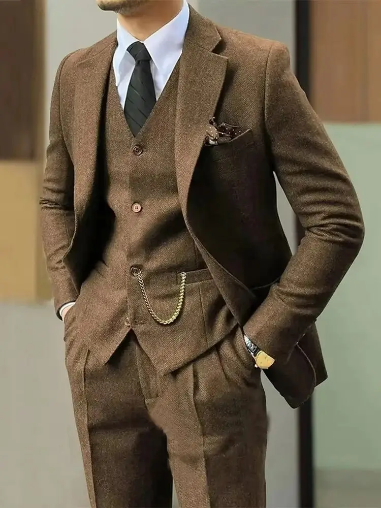 Grey/Brown Mens Tweed Herringbone Wedding Suit Prom Tuxedos 3 Piece Notch Lapel Tweed for Business Slim Fit (Blazer+Vest+Pants)