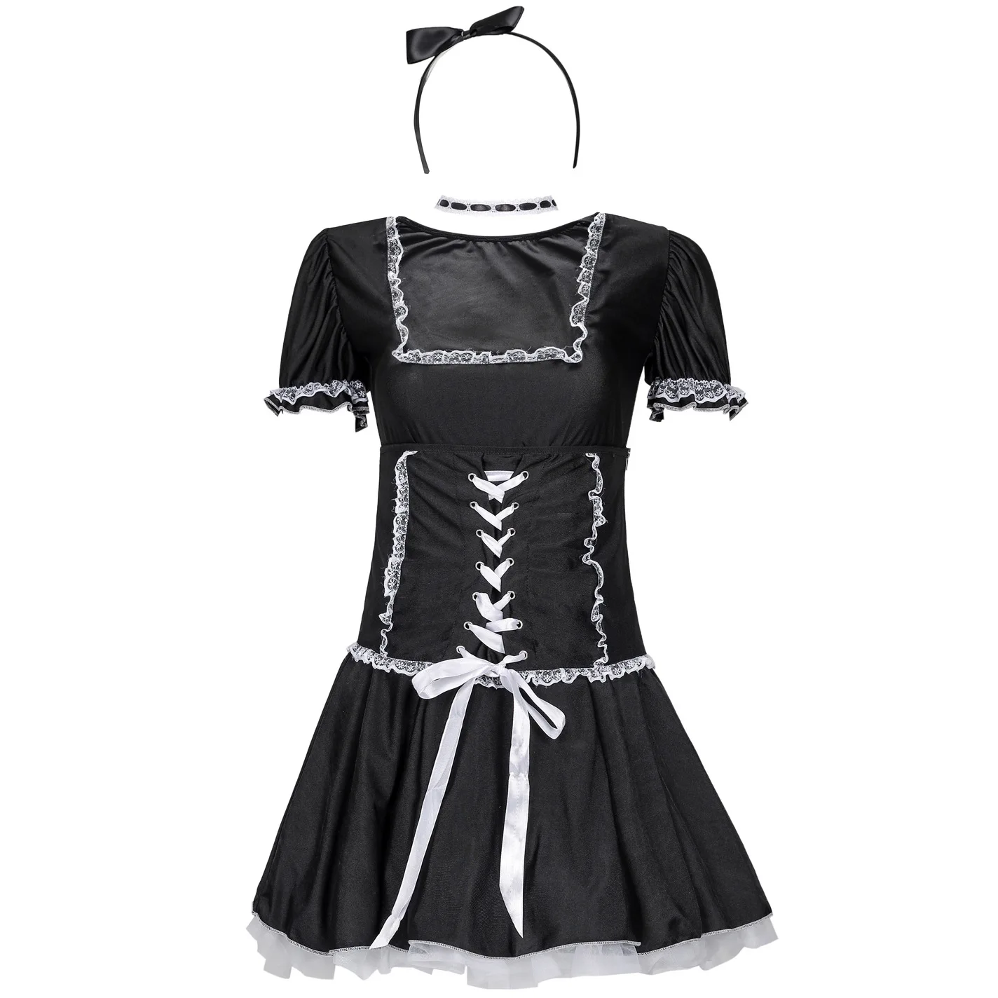 

Maid Cosplay Uniform for Women Maid French Apron Dress Sexy Lace Tulle Dress and Headwear Set Halloween Party Stage Show Costume